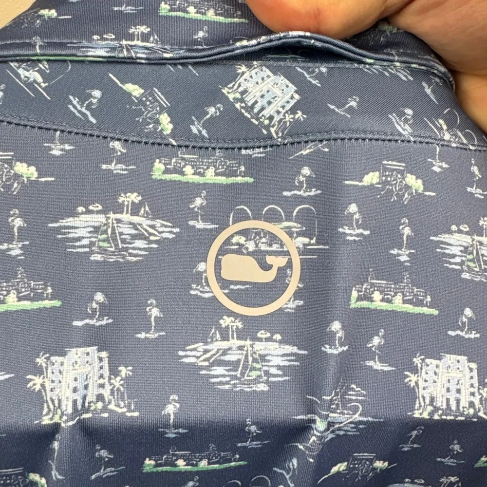 Vineyard Vines Polo Mens XL Blue Performance Tropical Island Print Golf Shirt